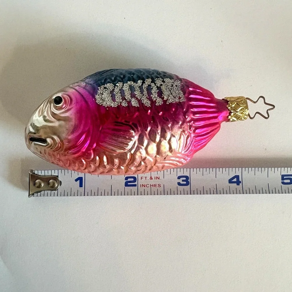 Vintage Pink Glass Fish Christmas Ornament Made in Germany Glitter Koi Carp 4in